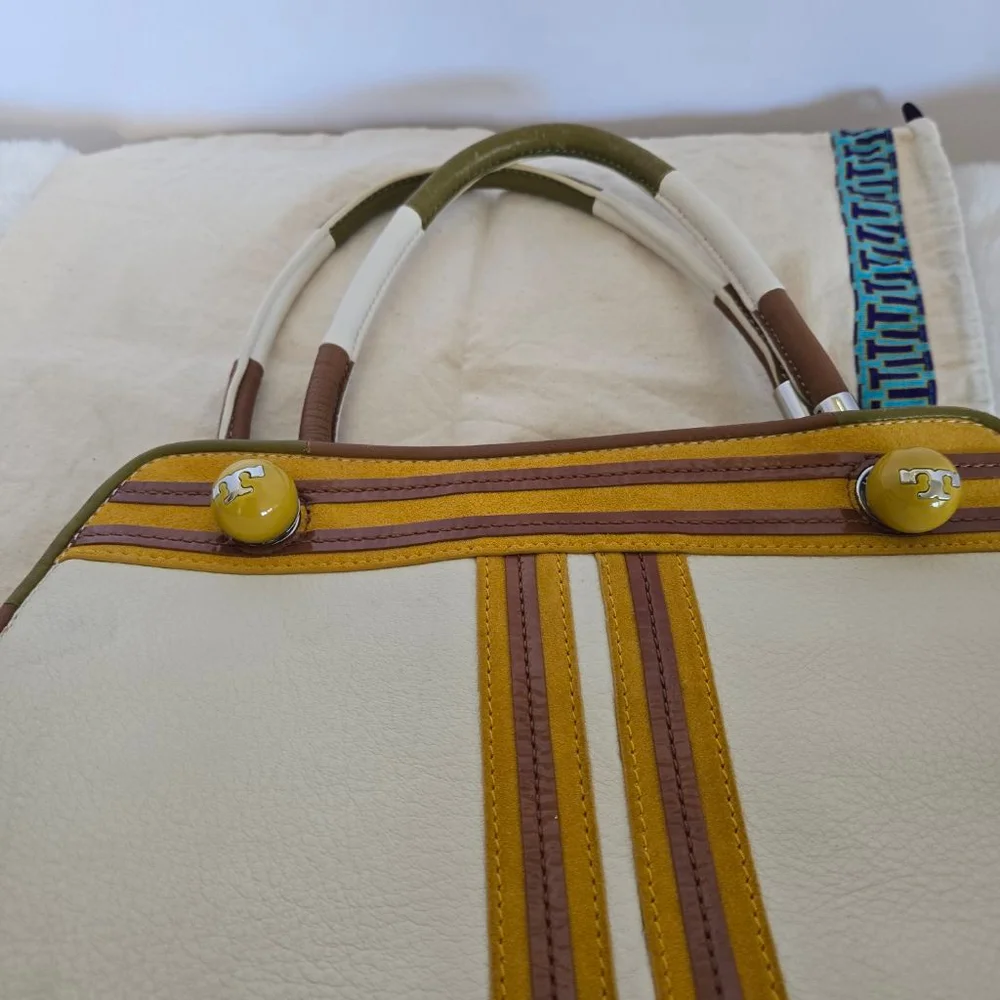Vtg Tory Burch Limited Edition Contrast-T Striped Pebbled Leather Satchel
